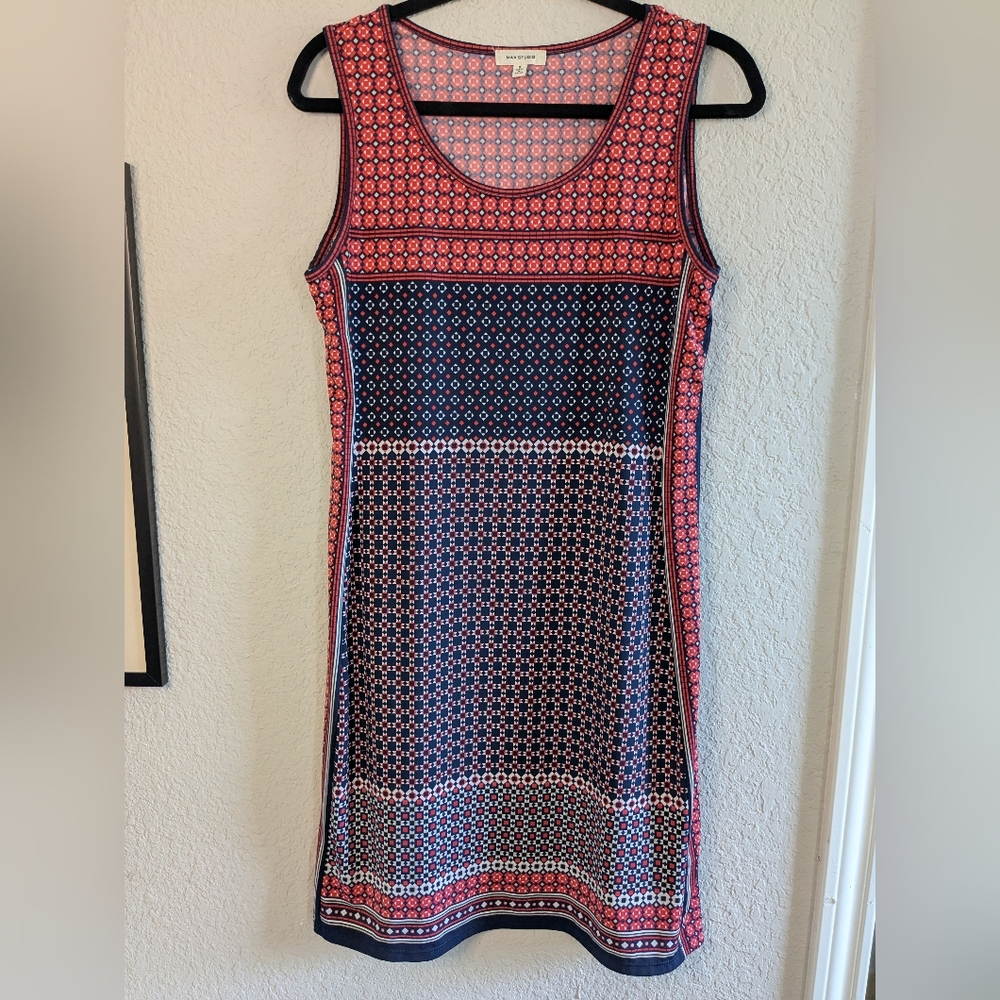 Max Studio Shift Dress Stretch Matte Jersey Coral Navy Size S Office Business